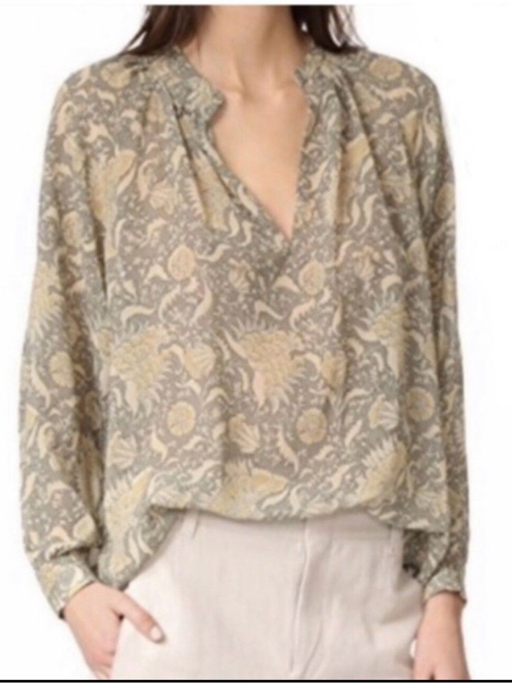 Vince 100% Silk Neutral Botanical Paisley Blouse Size M
